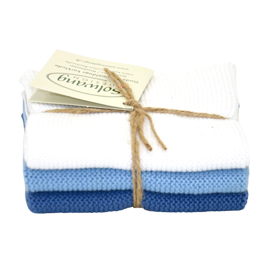 Solwang prjónuð borðtuska, hvítt-blátt kombó 25x25 cm. 3 stk.