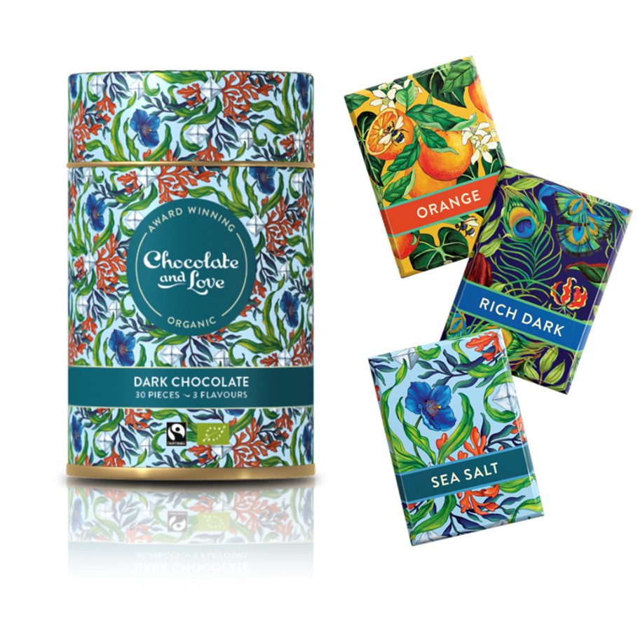 Dós með 3 teg. súkkulaði. 30x5,5 gr. -seasalt- Chocolate and Love, lífrænt