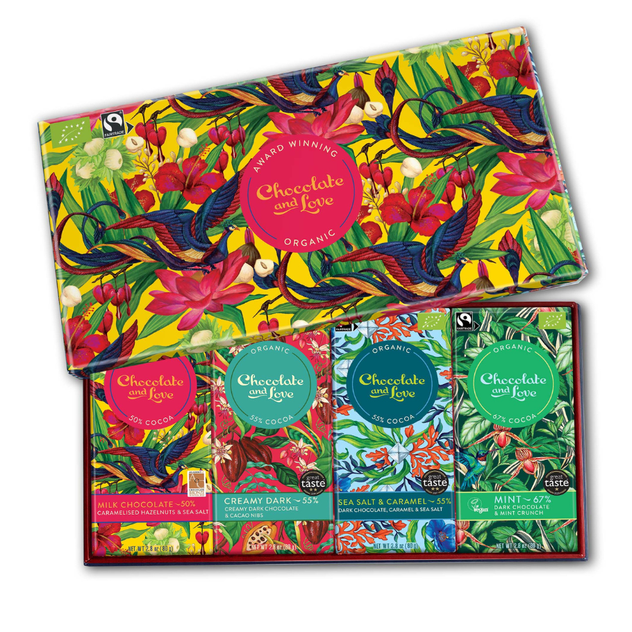 Heslihnetu mjólkursúkk. Gjafaaskja. 4 teg x80 gr. Chocolate and Love, lífrænt