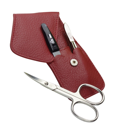 Ferða snyrtisett, 3 hlutir, rautt leðurhulstur