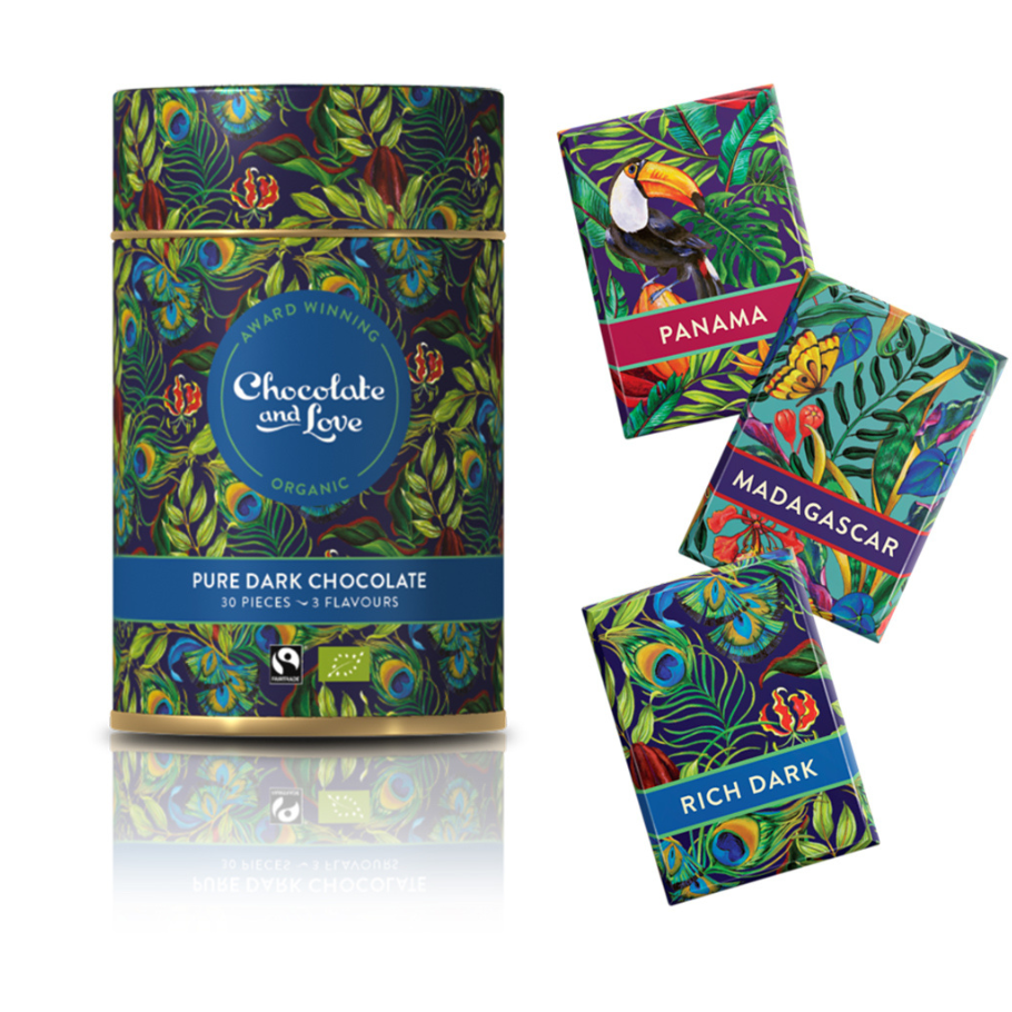 Dós með 3 teg. súkkulaði. 30x5,5 gr. -dökk-  Chocolate and Love, lífrænt